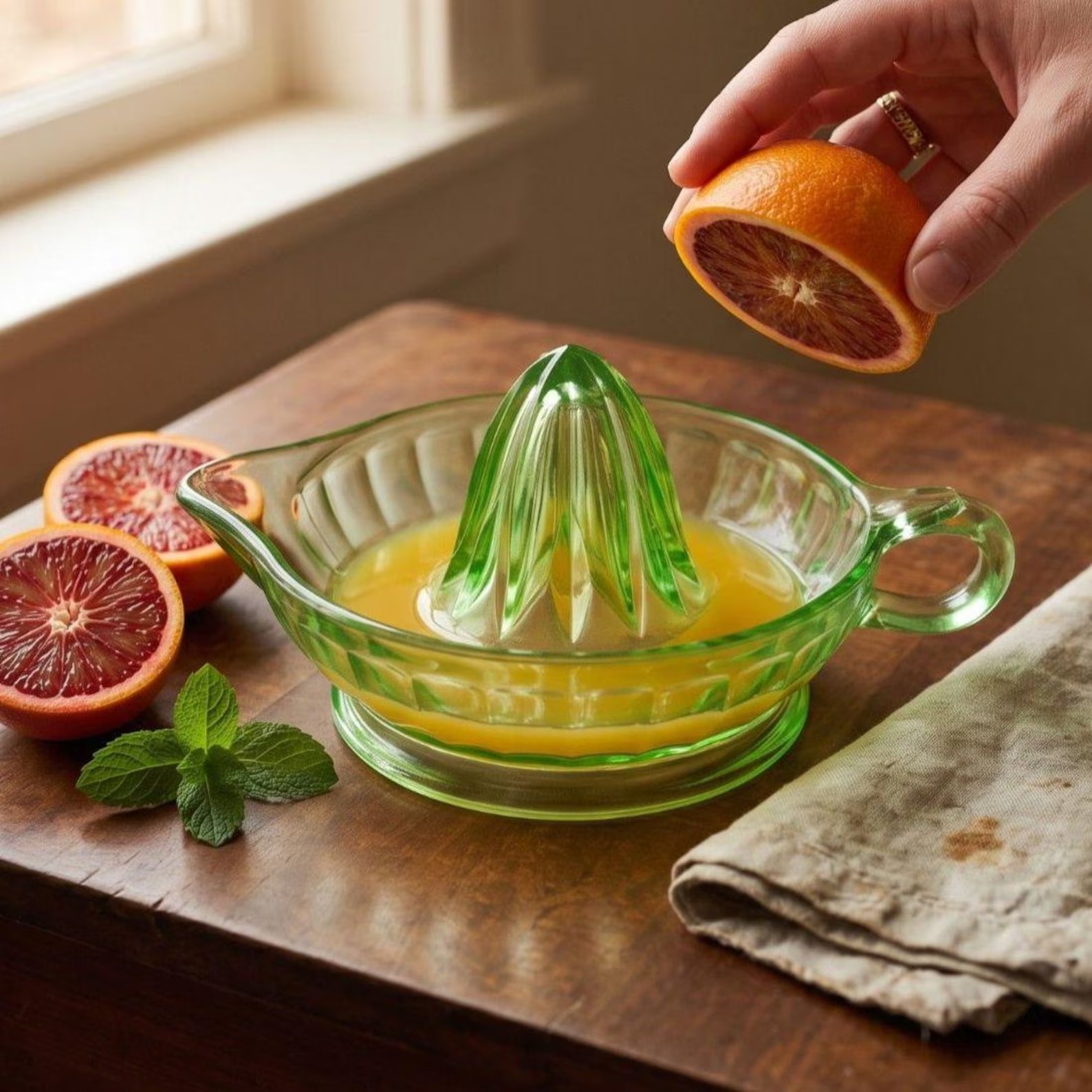 Zöld üveg citrusfacsaró frissen kifacsart lével